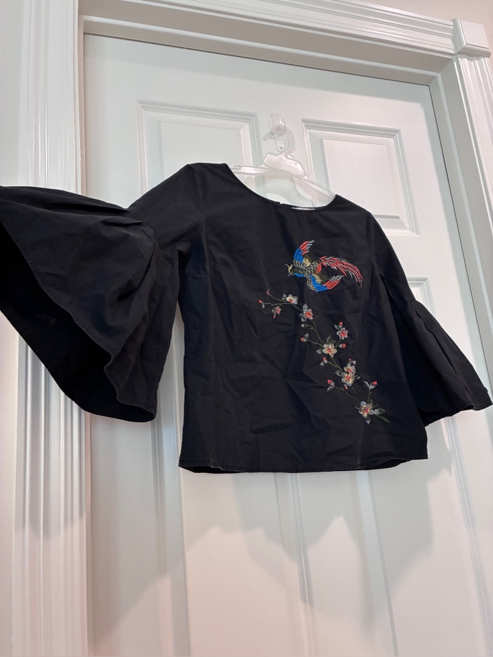 Jealous Tomato Black Bell-Sleeve Top with Multicolor Embroidery